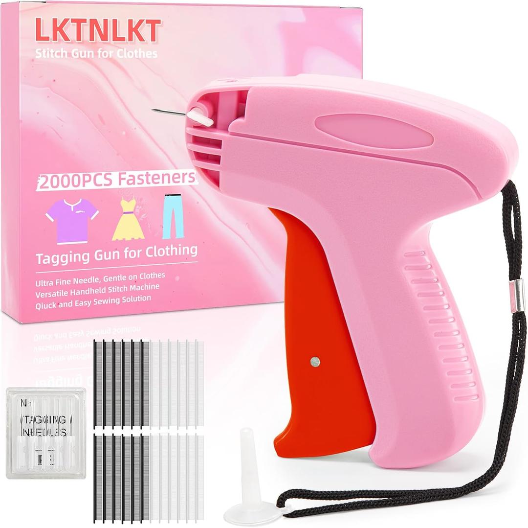 Stitch Gun for Clothes - Includes 6 Fine Needles, 1000 White & 1000 Black Fasteners, Handheld Stitch Gun - Quick Clothing Fixer, Tag Gun for Clothes (Pink Red)