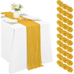 10 Pack Cheesecloth Table Runner 20 x 120 inch Long Boho Gauze Table Runners 10FT Semi Sheer Table Runner for Wedding Decor, Baby Shower, Birthday Party, Banquet (Gold)