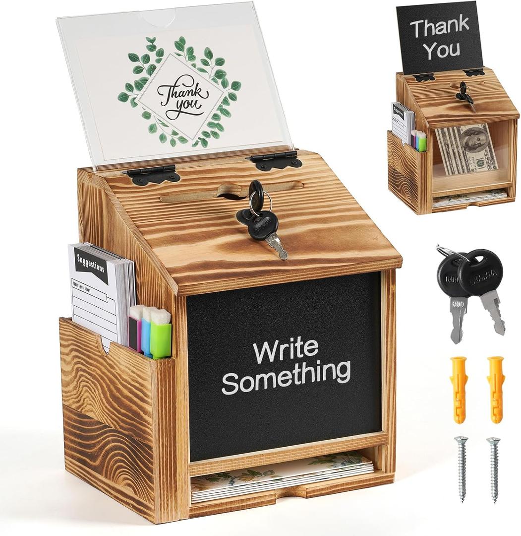 handrong Suggestion Box,Wooden Donation Box,Raffle Boxes,Ballot Prayer Tip Money Drop Boxes with Slot and Lock for Fundraising Prayer Ballot Comment