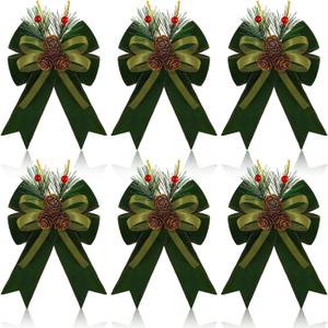 Syhood 6 Pcs Christmas Bows with Pine Cones Pine Needles Xmas Velvet Bows Sage Green Ribbon Christmas Tree Wreath Decoration for Xmas Parties Indoor Outdoor Crafts DIY Decor
