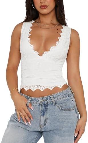 REORIA Womens Sexy V-Neck Sleeveless Double Lined Going Out Y2K Trendy Lace Cropped Tank Tops S