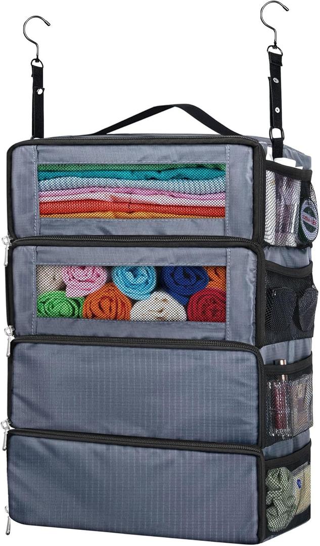Hanging Travel Organizer, Carry-On Luggage Suitcase Organizer, Portable Travel Shelves Packing Cube for Cruise, Gray (Medium)