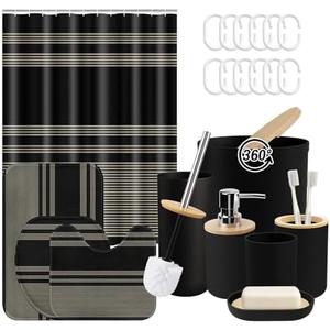 Tayney Black Bathroom Decor and Accessories Set, Striped Shower Curtain and Rug Set with Trash Can, Soap Dispenser, Soap Dish, Toothbrush Holder, Toothbrush Cup, Toilet Brush