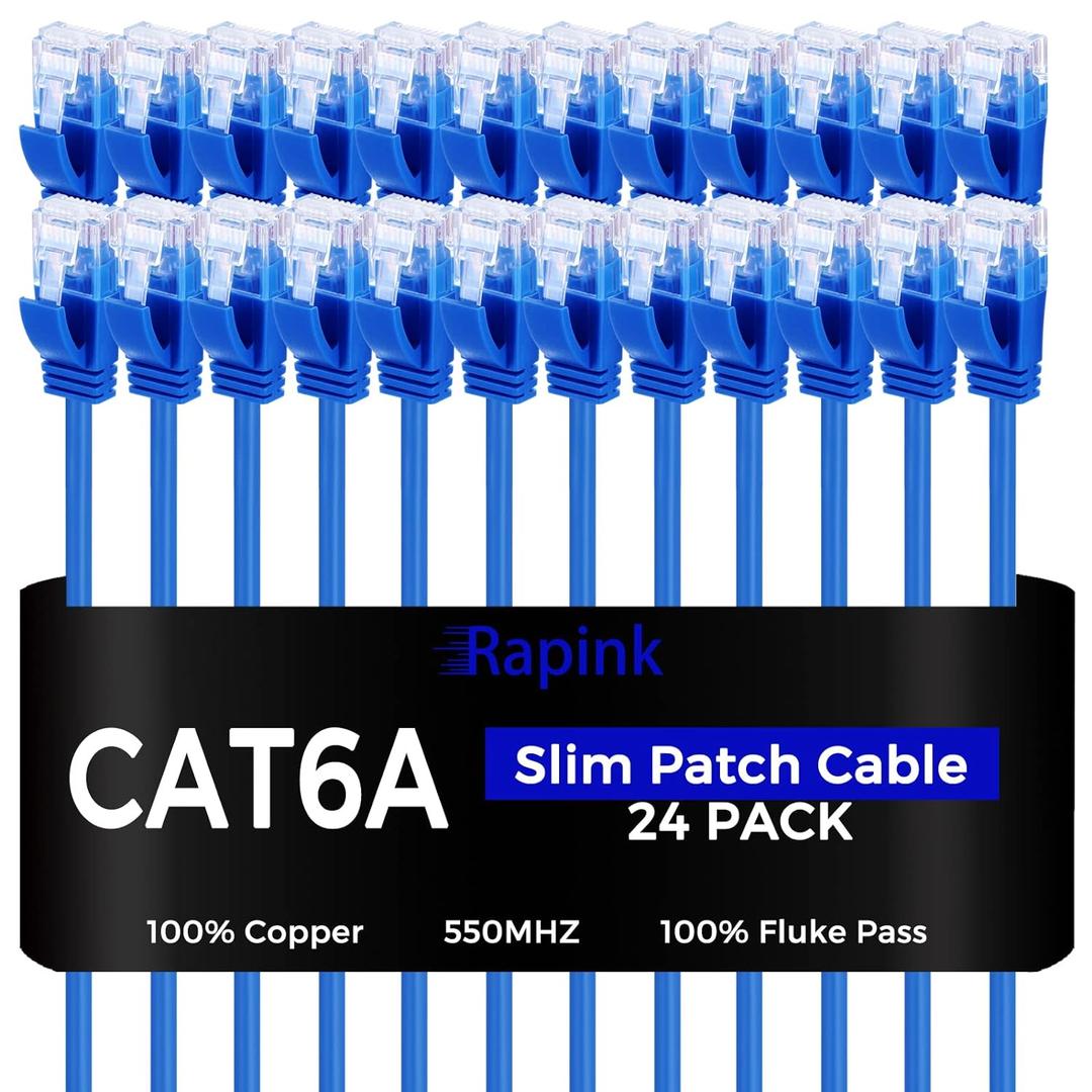 Rapink Cat6a 3ft Ethernet Cables (24 Pack) - Slim, 10G Support, Snagless, Flexible with Gold Plated Connectors