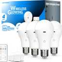 WirelessGlow Rechargeable Light Bulbs with Remote, 3 Color Temperatures and Dimmable Battery Light Bulbs, Touch Control + USB Rechargeable Battery Operated Light Bulb, A19 (4 Count (Pack of 1), 3000k-4000k-6500k)