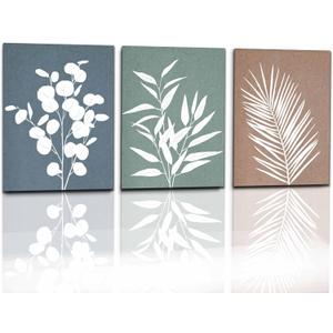Boho Botanical Wall Art Canvas Plant Wall Decor Set of 3 Minimalist Botanical Prints Rustic Modern Farmhouse Wall Art Eucalyptus Leaves Living Room Home Decor Sage Green, Grey, Beige 12x16 Inch Unframed
