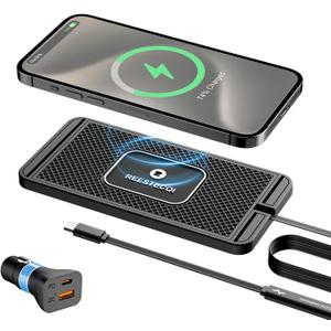Wireless Charging Pad for Car, REESTECQI 15W Wireless Car Charger Pad Type C Charging Mat Non Slip [PD 40W Car Charger Incl] for Airpods iPhone 16/15/14/13, Samsung S24/S23/S22 (1 Meter Cable)
