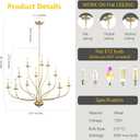 Gold Chandelier 12 Light, Large Painted Gold Light Fixture Modern Suspended Farmhouse Dining Table Candle Brass Chandelier Lighting for Bedroom Hallway Entryway Living Room Kitchen 34in Chandeliers