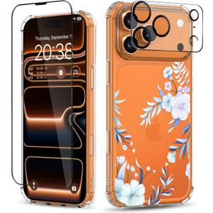 for iPhone 17 Pro Case,[3 in 1] with Screen Protector & Camera Lens Protector, Flower Pattern Design, Clear Soft Shockproof Slim Floral Phone Cover for Women Girls 2025 6.3" (Hibiscus)