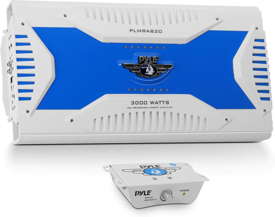 Pyle Hydra Marine Amplifier - Upgraded Elite Series 3000 Watt 8 Channel Bridgeable Amp Tri-Mode Configurable, Waterproof, MOSFET Power Supply, GAIN Level Controls and RCA Stereo Input - PLMRA820