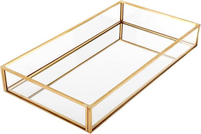 HighFree Rectangle Gold Mirror Tray, Decorative Glass Mirrored Vanity Tray for Perfume, Cosmetics, Makeup, Trinket, Jewelry (11.8x7.9x2)