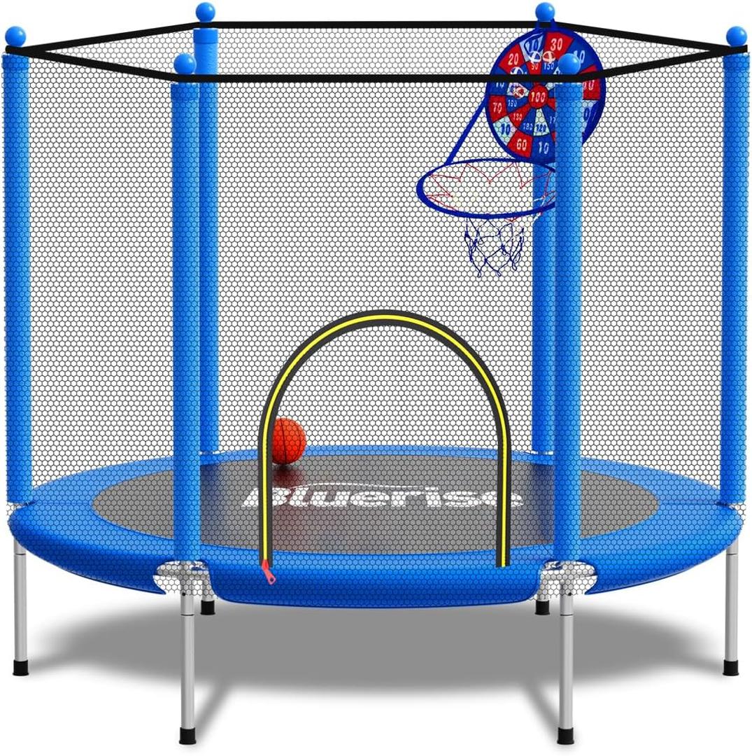 BLUERISE 55IN 6FT Toddler Trampoline for Kids Indoor Outdoor Play for Kids Trampoline Basketball Hoop Attachment with Enclosure Net Easy to Assemble