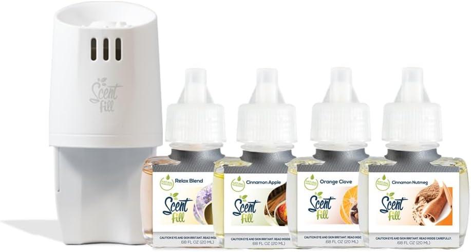 Scent Fill Fall Plug in Air Freshener Kit (Relax Blend, Cinnamon Apple, Orange Clove, Sweet & Spicy Cinnamon Nutmeg), 4 Refills + Diffuser, Fall Kit
