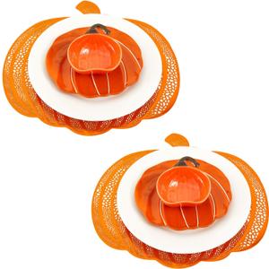 Jinei 8 Pcs Thanksgiving Fall Tableware Set Include Large Ceramic Pumpkin Shaped Plates White Dinner Ceramic Plates Small Pumpkin Shaped Bowls and Place Mats for Autumn Halloween Table Party Decor