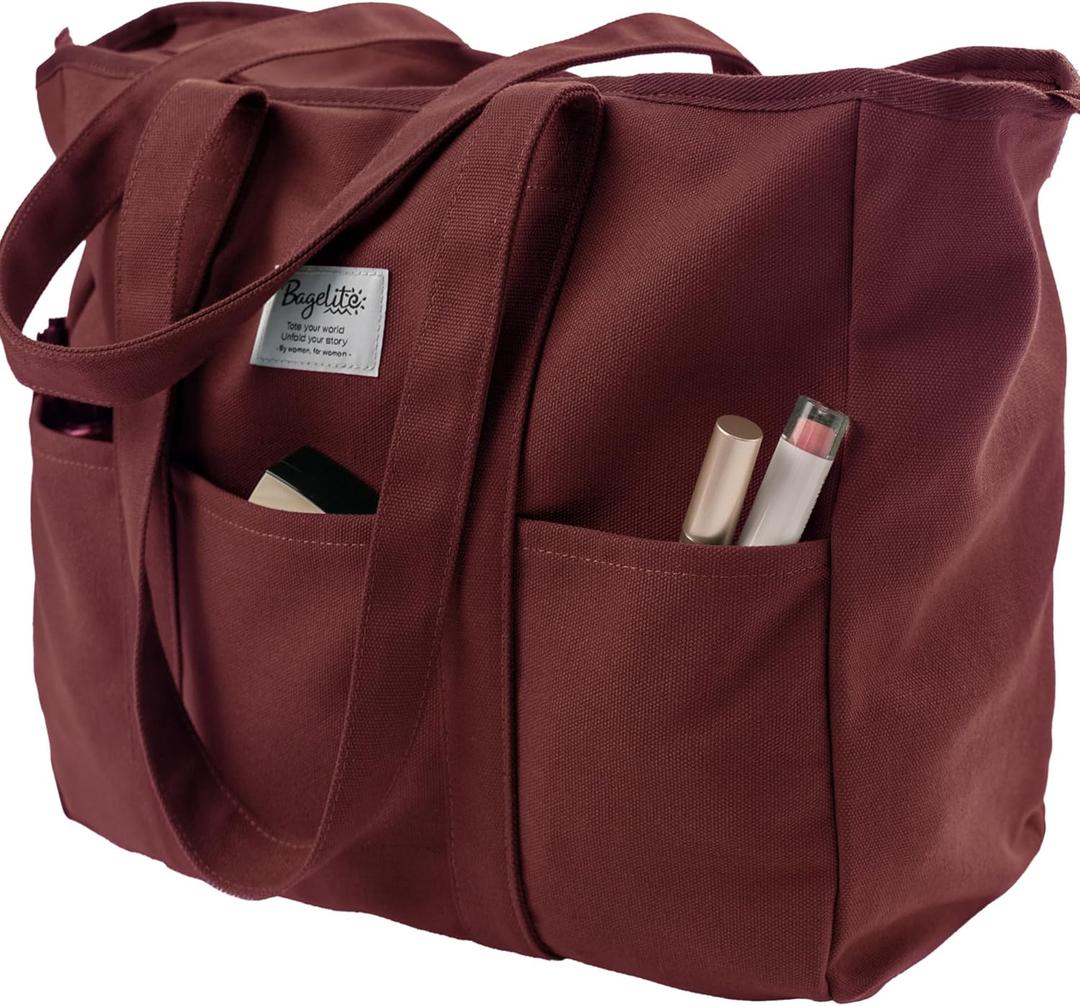 Bagelite Extra Large Canvas Tote for Women Men, Utility Work Bag with Zipper (Wine Red)