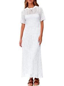 Fisoew Womens Crochet Swimsuit Cover Up Summer Vacation Resort Bathing Suit Swimwear Casual Short Sleeve Maxi Beach Dresses White Large