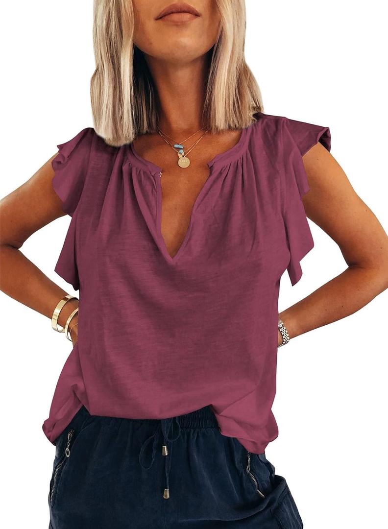 Dokotoo Women's Casual V Neck Ruffle Sleeve Summer Tank Tops Shirts (XL)
