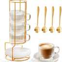 5.4 oz Espresso Cups Set of 4,Clear Glass Coffee Cups with Saucers Spoons and Cup holder,Stackable Small Cup for Espresso,Latte,Cappuccino,Tea