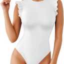 MANGOPOP Women's Body Suits Cute Crew Neck Ruffle Sleeveless Slim Fit Bodysuit Tank Tops Tight Casual Sexy L White
