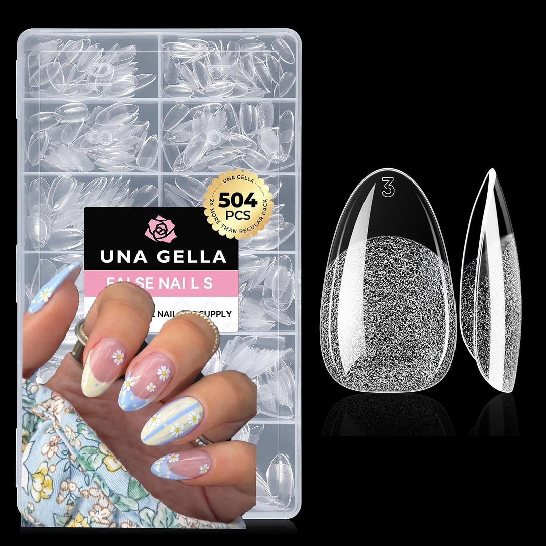UNA GELLA Short Oval Almond Fake Nails 504pcs Press on Nails Pre-shape Short Almond Round Gel Nail Tips for Full Cover Acrylic False Nails For Nail Extension Home DIY Salon 12 Sizes False Gelly Tips