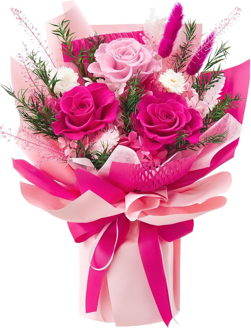 Preserved Flowers Bouquet, Forever Flowers for Delivery, Mothers Day Long-Lasting Real Roses Bouquet, Anniversary Birthday Flowers Gifts for Mom Grandma Women Wife Her (Hot Pink)