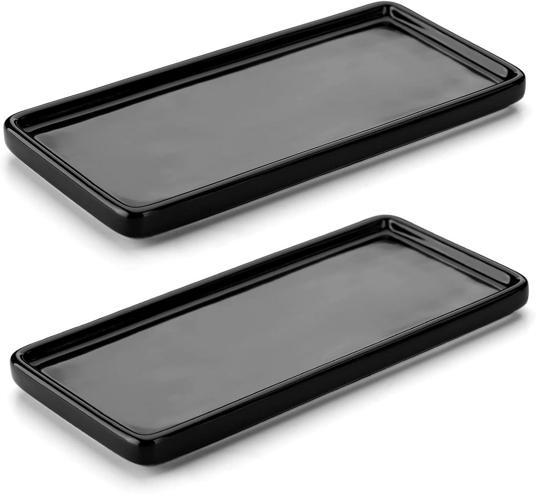 Nucookery 6" Small Rectangle Bathroom Vanity Trays,Ceramic Kitchen Soap Trays,Decorative Bathtub Organizers, Black (6", Set/2)