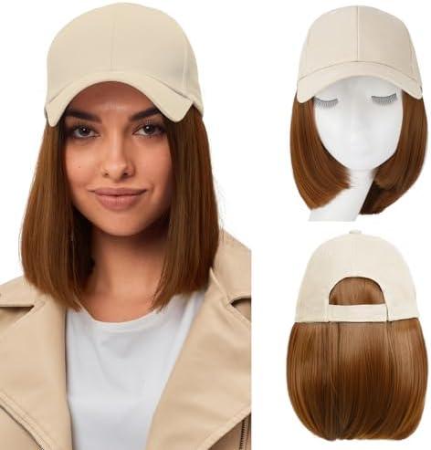 FORCUTEU Baseball Cap with Hair Extensions for Women Short Straight Bob Hairstyle Caps with Hair Attached Adjustable Baseball Cap Wig for Daily Party, 12 Inch