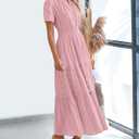 BTFBM Womens Summer 2026 Casual Midi Maxi Dresses Lightweight Short Sleeve V Neck Elastic Waist Boho Beach Dress Pockets (Pink). M Size