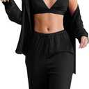 THLAI Women 3 Piece Sets Satin Loose Fit Long Sleeve Shirt and Wide Leg Pants with Matching Bra Sets Sexy Lounge Outfits  XL