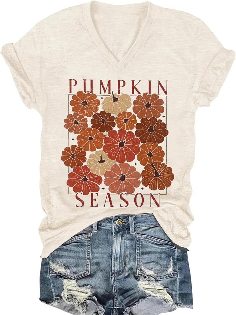 Womens V-Neck T-Shirt Flower Graphic Tees Summer Fashion Boho Tops Tshirts Loose Casual Wildflower Beach T Shirts (Beige, S)