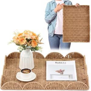 Teenyyou Paper Rope Scalloped Tray 24" L x 18" W x 2.4" H Rectangle Woven Decorative Coffee Table Serving Tray with Handle Ottoman Large Handwoven Basket Home Decor for Kitchen Counter Organizing