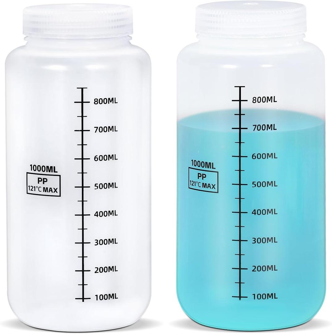 UMETASS 34oz/1000ml Wide Mouth Plastic Bottles with Airtight Lids, Graduated Food Grade Leak Proof PP Containers Jars for Water Sample Lab Reagent Liquid Medicine Storage (Transparent, 2 Pcs)