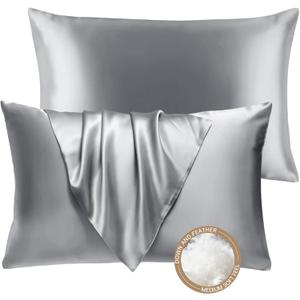 BHZ Grey Satin Goose Down Feather Pillows Standard Size Set of 2 with Pillowcase for Hair and Skin, Cooling Pillow Cases Similar to Silk Pillow Cases, Decor for Women, Mom Men