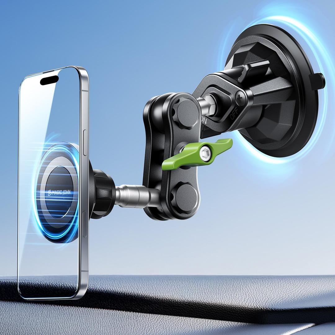 MAGIC JOHN Magnetic Car Phone Holder [Strong Suction&Strong Magnetic] 360 Adjustable Car Phone Mount for Windshield, Ultra-Durable Metal, Suction Cup Car Phone Mount for iPhone Samsung All Smartphone