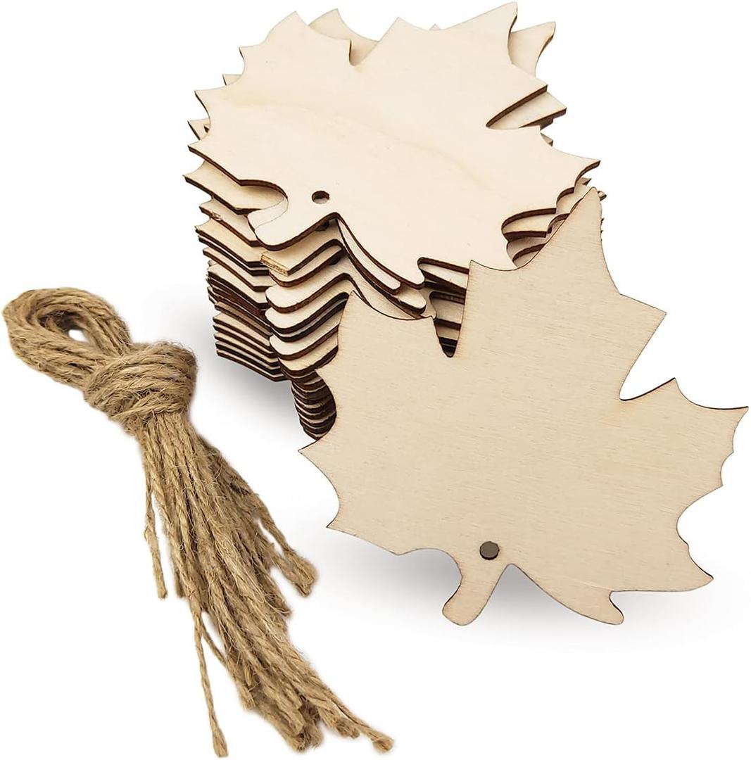 32 Pack Wood Maple Leaf Cutouts Unfinished Wooden Maple Leaf Hanging Ornaments DIY Maple Leaf Craft Gift Tags for Thanksgiving Home Party Decoration Craft Project