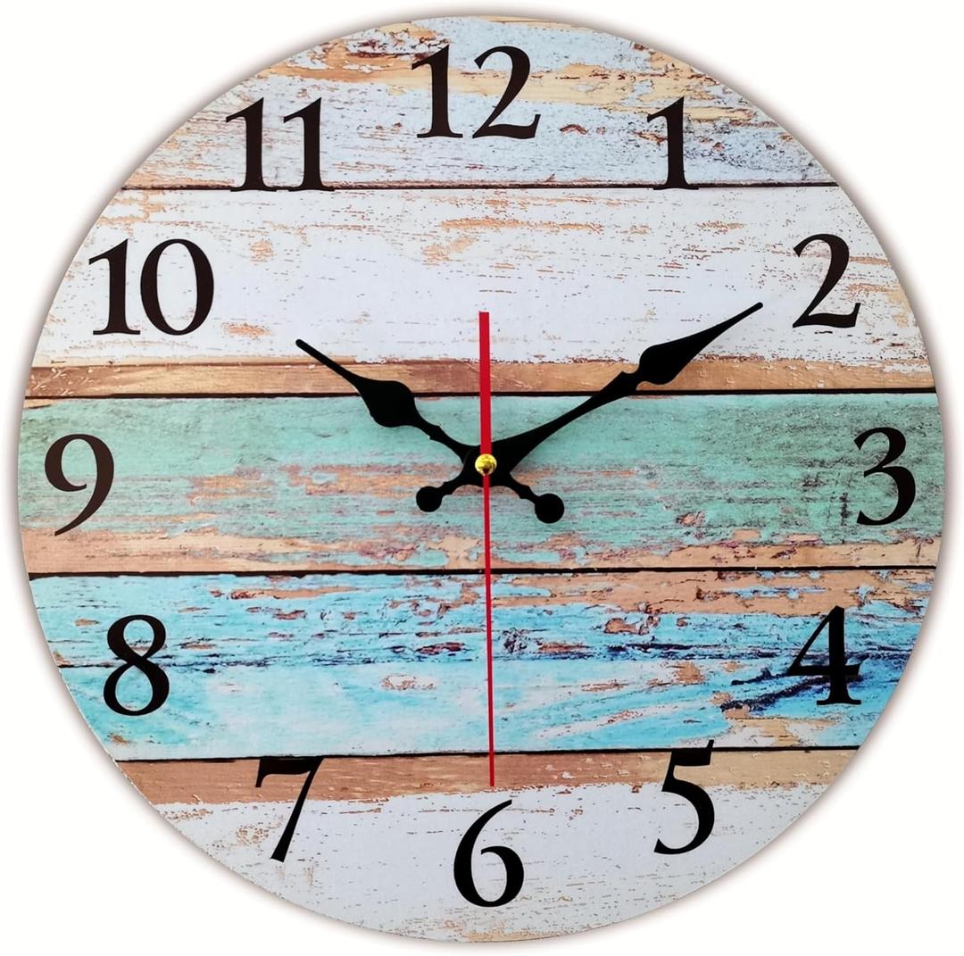 Grazing 12 Inch Beach Decorative Wall Clocks Silent Battery Operated,Nautical Coastal Farmhouse Wooden Clock for Bathroom Kitchen Bedroom Pool Cottage Living Room