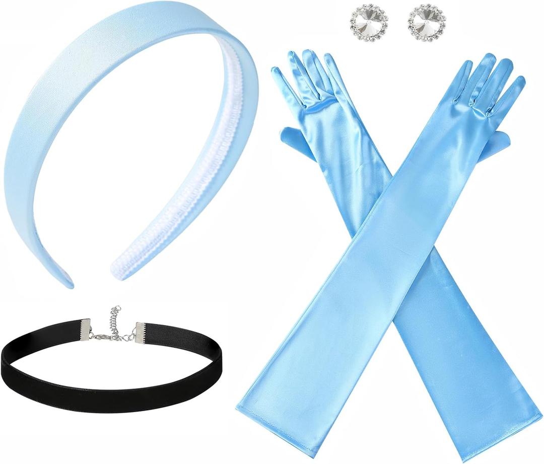Princess Costume Accessories Blue Headband Choker Earrings Long Gloves for Women Halloween Cosplay Dress up