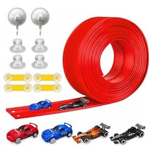 Mkobon 16 Ft Flexible Car Race Track, Flex Ramp with 12 Suction Cups, Compatible with Hot Wheels and Diecast 1/64th Cars, Double Tracks Long Rolls Up Portable Racetrack