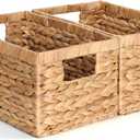 Set of 2 Wicker Shelf Storage Baskets for Organizing - Natural Durable Water Hyacinth Woven Basket Pantry Bin Organizers for Shelves with Handles for Home & Decor Organization, 12.5” x 8” x 6.5”