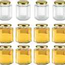 Encheng 16 oz Clear Hexagon Jars,Glass Jars With Lids(Golden),Mason Jars For Honey,Foods,Jams,Liquid,Spice Jar Herd Jar Canning Jars For Storage 12 Pack