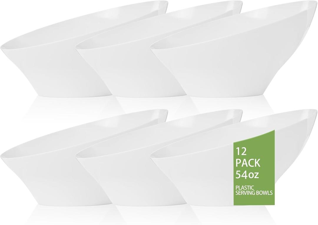 BUCLA 12 Pack White Plastic Serving Bowls - 54 OZ Angled Table Salad and Fruit Bowls Disposable for Chip&Candy - Ideal for Party & Wedding