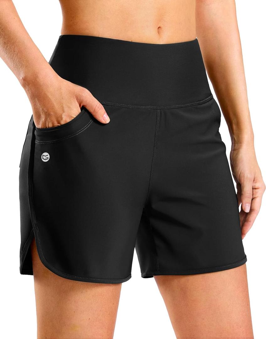 G Gradual Women's 3"/5'' High Waisted Swim Board Shorts with Pockets Liner Quick Dry Swimsuit Bottoms Bathing Suit for Women (Black, XS)