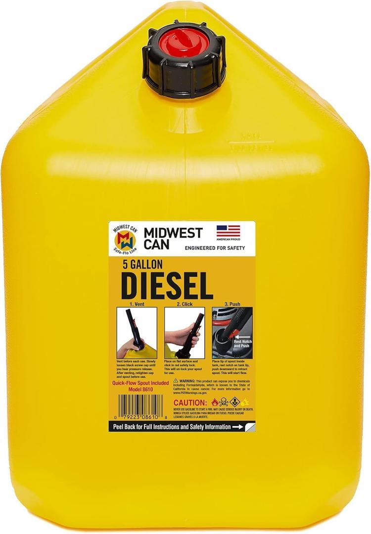 Midwest Can 8610 Safe-Flo Auto Shut Off 5 Gallon Diesel Can Yellow Plastic Fuel Container With FlameShield Safety System & Quick-Flow Spout - 1 Pack