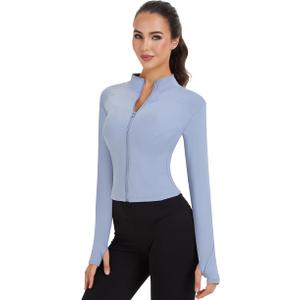 Shyyween 2 Pack Women's Workout Jacket Slim Fit Cropped Jacket Zip up Athletic Tops with Thumb Hole Running Gym Yoga Large, Blue & Black