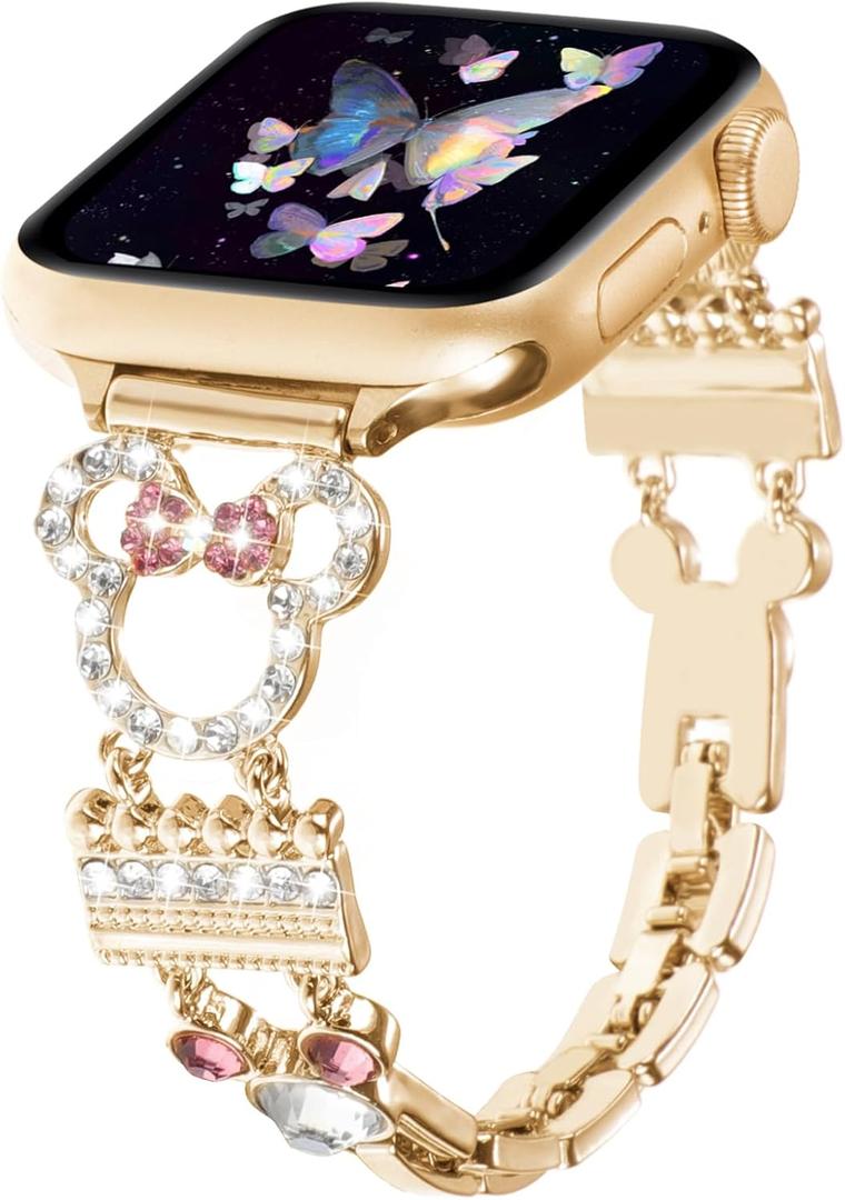 Bling Bracelet Band Compatible with Apple Watch Bands for Women 49/46/45/44/42mm-Series 3 2 1, Cute Cartoon Dressy Jewelry Charm Metal Strap for iWatch Ultra 2 Series 10/9/8/7/6/5/4/3/2/1/SE