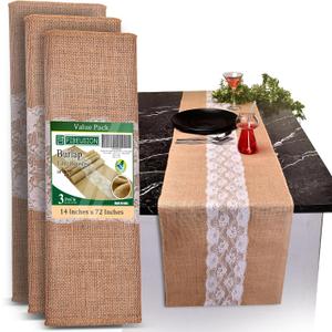 Burlap Lace Table Runner (Pack of 3) – 14”x 72” - No-Fray Finished Edge Natural Table Runner – No Odor, Eco-Friendly Burlap Runner - Perfect for Christmas, Wedding, Thanksgiving