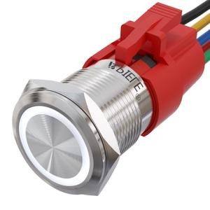 APIELE 19mm Momentary Push Button Switch On Off Stainless Steel with 12V LED Angel Eye Head for 19mm 3/4 Mounting Hole with Wire Socket Plug Self-Reset (White) (Silver Shell, Silver Shell-White)