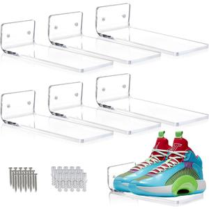 SIPRDE Floating Shoe Display Shelves for Wall Mount Set of 6 - Clear Acrylic Floating Shelves for Showcase Sneaker Collection or Shoes Box (8 Inch)