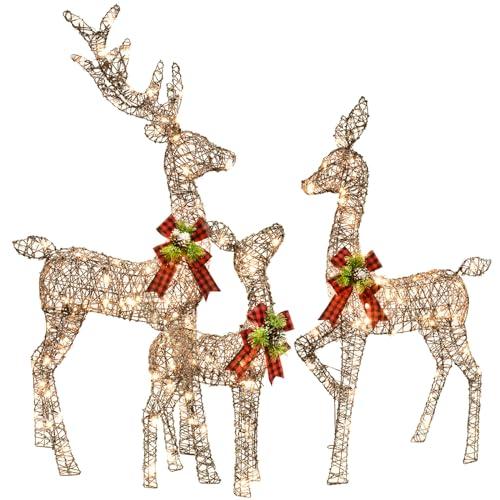 Christmas Decorations Outdoors Reindeer Family - Light up Christmas Decor Brown Deer 3 Piece with LED Lights, Extension Cord, Ground Stakes, for Outdoor Front Yard Porch - Brown