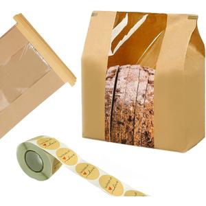 200 Pack Large Paper Bread Bags for Homemade Bread Sourdough Bags 14" x 8.3" x 3.5" with Tin Tie Tab Lock Clear Front Window Bakery Bag Packaging Cookie Bag with Label Seal Stickers